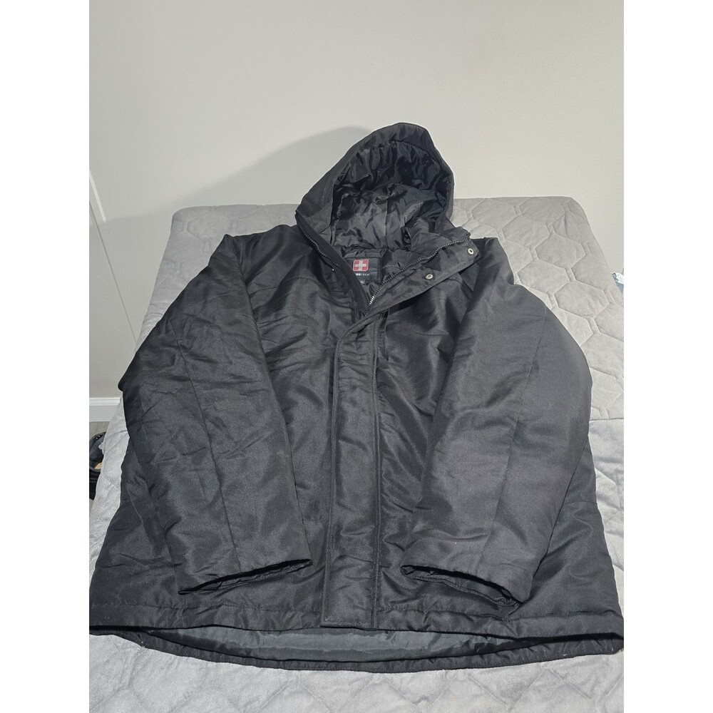 Swiss+Tech Men’s Black Heavy Winter Coat Jacket Fleece Lined Hooded Puffer Sz L